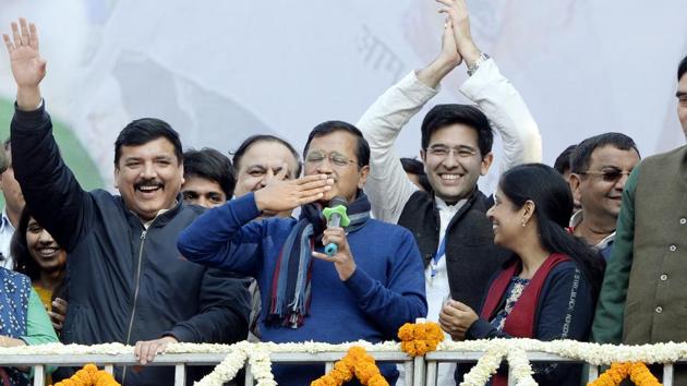 Delhi CM and AAP convenor Arvind Kejriwal gestures during his address to supporters after party's victory in the State Assembly polls, at AAP office in New Delhi. (V Sharma/HT Photo) Delhi CM and AAP convenor Arvind Kejriwal gestures during his address to supporters after party's victory in the State Assembly polls, at AAP office in New Delhi. (V Sharma/HT Photo)