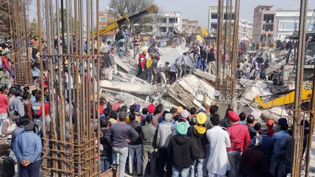 On February 8, a three-storey building had collapsed at Sante Majra village on the Kharar-Landran road, killing a JCB driver, Harvinder Singh, alias Baboo. (HT FILE PHOTO) On February 8, a three-storey building had collapsed at Sante Majra village on the Kharar-Landran road, killing a JCB driver, Harvinder Singh, alias Baboo. (HT FILE PHOTO)
