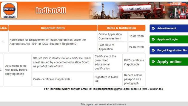 IOCL Apprentice Recruitment 2020. (Screengrab) IOCL Apprentice Recruitment 2020. (Screengrab)