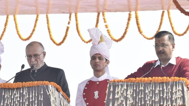 Arvind Kejriwal taking oath as Chief Minister of Delhi for the third time.(Vipin Kumar/HT Photo)