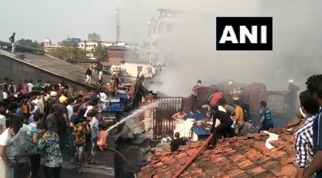 Firefighting operations in Rajabazar in Kolkata on Sunday.(ANI) Firefighting operations in Rajabazar in Kolkata on Sunday.(ANI)