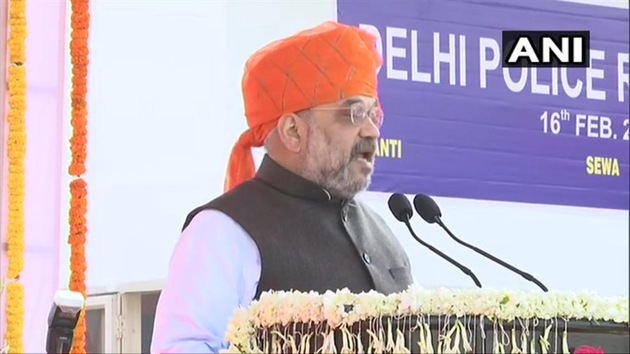 Union Home Minister Amit Shah at a function to mark the 73rd Raising Day of the Delhi Police.(ANI)