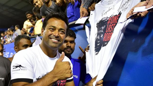 Bengaluru: India's Leander Paes pose for photographs after the doubles final match at ATP Challenger tour Bengaluru Open 2020, at Karnataka State Lawn Tennis Association in Bengaluru, Saturday, Feb. 15, 2020. (PTI Photo/Shailendra Bhojak)(PTI2_15_2020_000186A)(PTI)