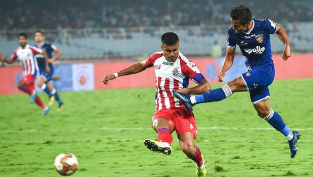Lallianzuala Chhangte(7) of Chennaiyin Football club and Eduardo Garcia Martin(10) of ATK vie for the ball. (PTI) Lallianzuala Chhangte(7) of Chennaiyin Football club and Eduardo Garcia Martin(10) of ATK vie for the ball. (PTI)