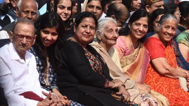 The CM’s family members during the ceremony. Also invited were Prime Minister Narendra Modi, seven lawmakers of the Bharatiya Janata Party who represent the city and all the eight of its newly-elected members of legislative assembly. The Prime Minister, scheduled to visit his parliamentary constituency Varanasi, could not attend the ceremony. (Vipin Kumar / HT Photo) 