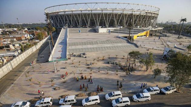 Police and government officials convoy car's parked inside Sardar Patel Gujarat Stadium during an inspection, where U.S. President Donald Trump is expected to visit during his upcoming trip to India, in Ahmedabad. (PTI) Police and government officials convoy car's parked inside Sardar Patel Gujarat Stadium during an inspection, where U.S. President Donald Trump is expected to visit during his upcoming trip to India, in Ahmedabad. (PTI)