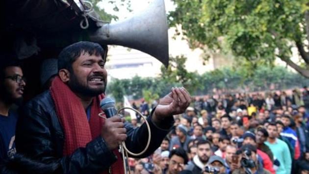 Former JNUSU president Kanhaiya Kumar addressing the students during a protest march from Mandi House to HRD Ministry, in New Delhi on January 9, 2020.(HT Photo) Former JNUSU president Kanhaiya Kumar addressing the students during a protest march from Mandi House to HRD Ministry, in New Delhi on January 9, 2020.(HT Photo)