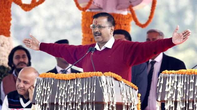 CM Arvind Kejriwal after taking oath at Ramlila Maidan in New Delhi on Sunday. (Arvind Yadav/HT PHOTO) CM Arvind Kejriwal after taking oath at Ramlila Maidan in New Delhi on Sunday. (Arvind Yadav/HT PHOTO)