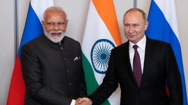 Russian President Vladimir Putin with Prime Minister Narendra Modi during their meeting on the sideline of the 11th edition of the BRICS Summit, in Brasilia, Brazil in November 2019.(Reuters File Photo)