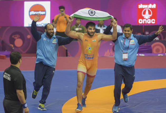 India's Sunil Kumar celebrates after his win against Salidinov Azat (KAZ) in the final of 87kg category wrestling match during the Asian Wrestling Championship 2020. (PTI)
