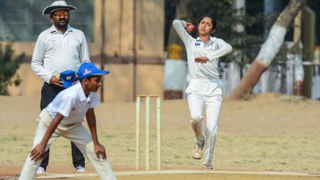 Aditi Joshi, right-arm leg spinner, took three wickets for 14 runs as her team Jai Hind High School beat Paranjape Vidya Mandir in an inter-school match on Monday. (MILIND SAURKAR/HT) Aditi Joshi, right-arm leg spinner, took three wickets for 14 runs as her team Jai Hind High School beat Paranjape Vidya Mandir in an inter-school match on Monday. (MILIND SAURKAR/HT)