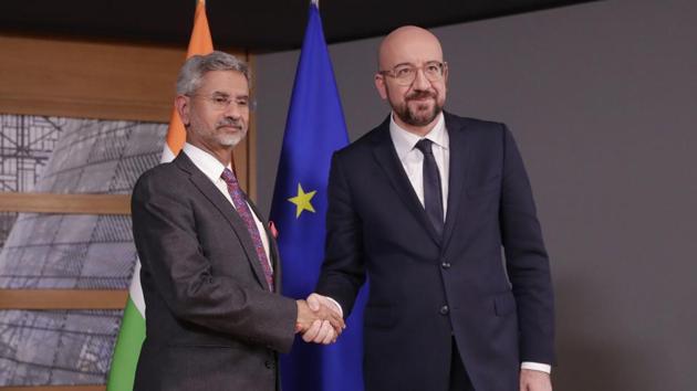 Foreign minister Subrahmanyam Jaishankar with European Council President Charles Michel prior to a meeting at the Europa building in Brussels on Monday.(AP Photo)