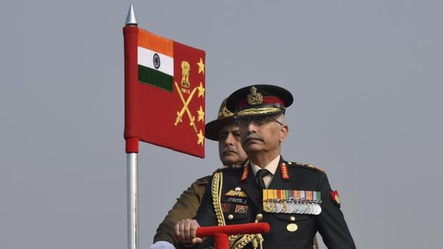 Army chief Gen M M Naravane during the 72nd Army Day Parade at the Parade Ground Delhi Cantt. in New Delhi. (Vipin Kumar /HT PHOTO) Army chief Gen M M Naravane during the 72nd Army Day Parade at the Parade Ground Delhi Cantt. in New Delhi. (Vipin Kumar /HT PHOTO)