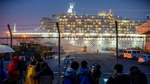 Diamond Princess, where dozens of passengers were tested positive for coronavirus, is docked at Daikoku Pier Cruise Terminal in Yokohama, south of Tokyo, Japan.(REUTERS)