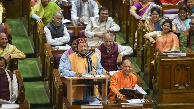 Uttar Pradesh Finance Minister Suresh Khanna presents the State Budget 2020-21 in the UP Legislative Assembly, in Lucknow. (PTI) Uttar Pradesh Finance Minister Suresh Khanna presents the State Budget 2020-21 in the UP Legislative Assembly, in Lucknow. (PTI)