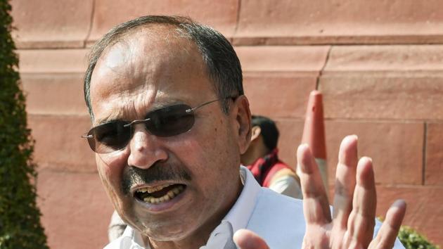 Congress leader Adhir Ranjan Chowdhury speaks to mediapersons during the Budget Session of Parliament, in New Delhi, on February 3.(PTI Photo)