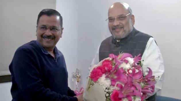 Delhi Chief Minister Arvind Kejriwal meets Union Home Minister Amit Shah as a courtesy call in New Delhi on Wednesday.(ANI)
