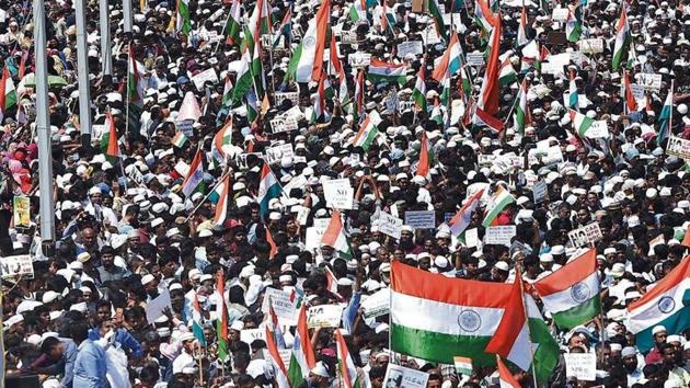 People take part in an anti-CAA rally, in Chennai on Wednesday(PTI)