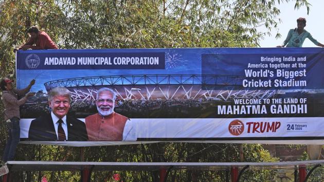 A giant hoarding welcoming U.S. President Donald Trump ahead of his visit, in Ahmedabad, Thursday, Feb. 20, 2020. Trump is scheduled to visit the city during his Feb. 24-25 India trip. (AP) A giant hoarding welcoming U.S. President Donald Trump ahead of his visit, in Ahmedabad, Thursday, Feb. 20, 2020. Trump is scheduled to visit the city during his Feb. 24-25 India trip. (AP)
