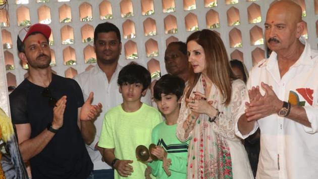 Hrithik Roshan and Sussanne Khan with their sons at a temple in Mumbai.(Varinder Chawla)