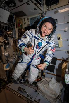 NASA astronaut Christina Koch tries on the Sokol launch and entry suit she was to wear on her returns to Earth.(NASA)