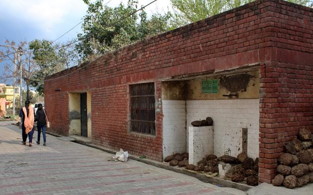 The defunct public toilet that has been converted into an anganwadi in Sohana village.(GURMINDER SINGH/HT)