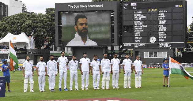 India team line up for the national anthems prior to the first cricket test between India and New Zealand at the Basin Reserve in Wellington (AP)