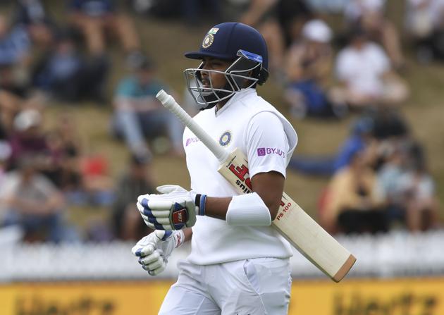 India's Prithvi Shaw, walks from the field after he was dismissed by New Zealand's Tim Southee during the first cricket test between India and New Zealand at the Basin Reserve in Wellington (AP)