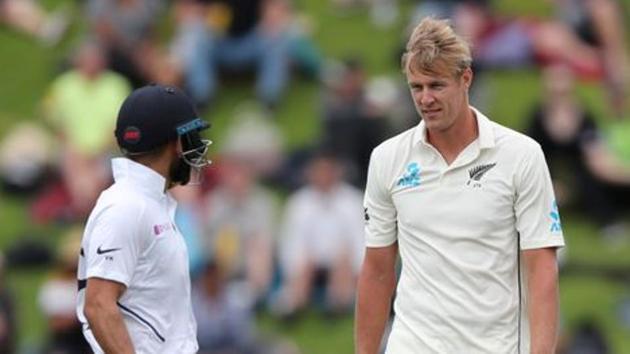 India's Virat Kohli and New Zealand's Kyle Jamieson during the match. (REUTERS)