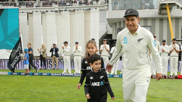 Cricket - New Zealand v India - First Test - Basin Reserve, Wellington, New Zealand - February 21, 2020 New Zealand's Ross Taylor with his children before the match. Taylor gets set to bring up 100 Tests for New Zealand(REUTERS)