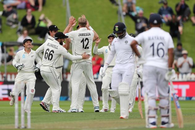 New Zealand's Kyle Jamieson celebrates the wicket of India's Cheteshwar Pujura. (REUTERS)