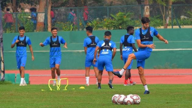 File image: Odisha FC players during a practice session at Kalinga Stadium in Bhubaneswar(PTI)