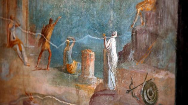 A fresco is pictured inside the House of Orchard "Casa del Frutteto", one of three restored domus (ancient houses) reopened to the public at the archaeological site of Pompeii, Italy, February 18, 2020. REUTERS/Ciro De Luca (REUTERS)