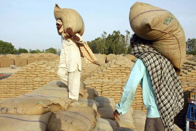 Workers stacking bags of wheat at an open godown in Patiala district on Saturday.(Bharat Bhushan/HT)