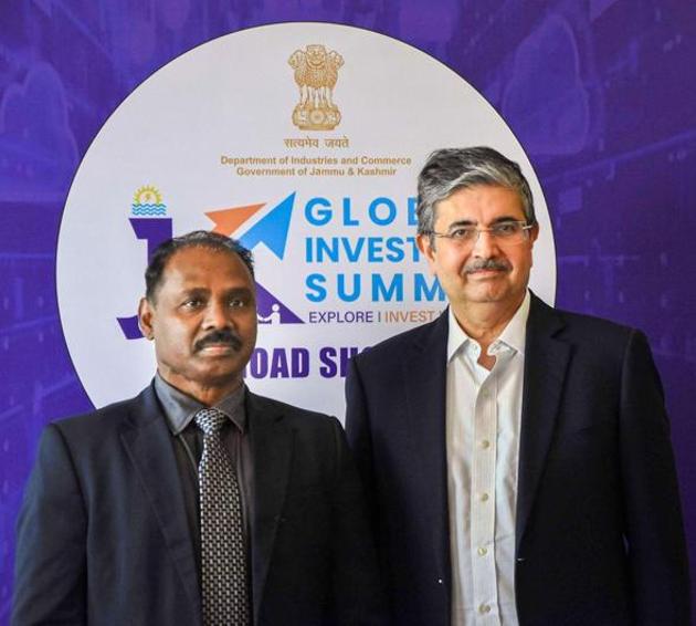 Jammu and Kashmir lieutenant governor GC Murmu (left) with Confederation of Indian Industry (CII ) president Uday Kotak during the CII Jammu-Kashmir Investors Summit in Mumbai on Friday. (PTI Photo) Jammu and Kashmir lieutenant governor GC Murmu (left) with Confederation of Indian Industry (CII ) president Uday Kotak during the CII Jammu-Kashmir Investors Summit in Mumbai on Friday. (PTI Photo)
