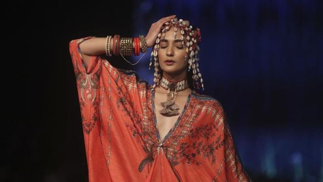 A model displays creations by Rajdeep Ranawat during Lakme Fashion Week in Mumbai, Maharashtra. (Rafiq Maqbool / AP)