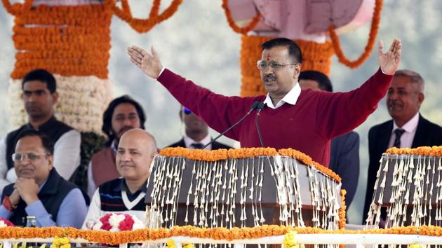 AAP convener Arvind Kejriwal addresses the gathering during his speech after he was sworn-in as the Chief Minister of Delhi for the third time, at Ramlila Maidan, in New Delhi. (Arvind Yadav / HT Photo)