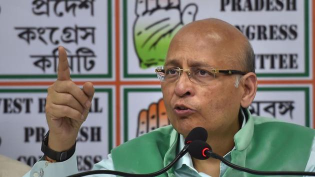 Senior Congress leader Abhishek Manu Singhvi interacts with media at West Bengal Pradesh Congress office in Kolkata on Saturday(PTI Photo)