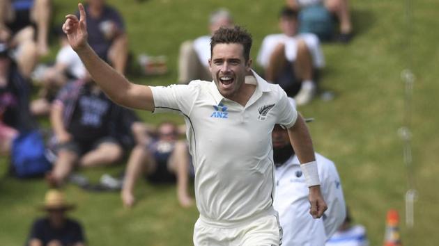 New Zealand's Tim Southee celebrates the dismissal of India's Ajinkya Rahane.(AP)