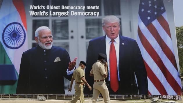 US President Donald Trump will arrive in Ahmedabad on February 24 and will take part along with Prime Minister Narendra Modi in an event, christened ‘Namaste Trump, in the newly-constructed Motera stadium here.(AP)