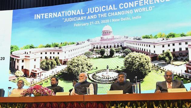 New Delhi: Prime Minister Narendra Modi with Union Minister for Law & Justice Ravi Shankar Prasad, Chief Justice of India Justice Sharad Arvind Bobde and other dignitaries at the International Judicial Conference 2020, in New Delhi. (PTI) New Delhi: Prime Minister Narendra Modi with Union Minister for Law & Justice Ravi Shankar Prasad, Chief Justice of India Justice Sharad Arvind Bobde and other dignitaries at the International Judicial Conference 2020, in New Delhi. (PTI)