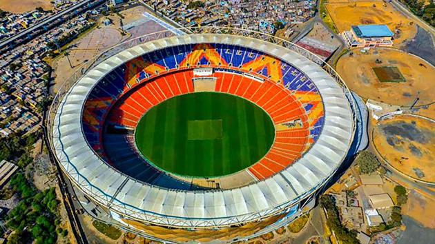 An aerial view of Sardar Patel Stadium, which is expected to be inaugurated by US President Donald Trump on his maiden visit to India on February 24 , in Motera, Gujarat. (PTI)