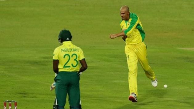 Cricket - South Africa v Australia - First T20 - Imperial Wanderers Stadium, Johannesburg, South Africa - February 21, 2020 Australia's Ashton Agar celebrates taking the wicket of South Africa's Andile Phehlukwayo Action Images via Reuters/Mike Hutchings(Action Images via Reuters) Cricket - South Africa v Australia - First T20 - Imperial Wanderers Stadium, Johannesburg, South Africa - February 21, 2020 Australia's Ashton Agar celebrates taking the wicket of South Africa's Andile Phehlukwayo Action Images via Reuters/Mike Hutchings(Action Images via Reuters)