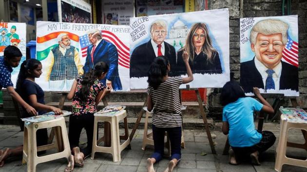 Students paint murals of U.S. President Donald Trump and first lady Melania Trump on canvas sheets along a street in Mumbai. (REUTERS) Students paint murals of U.S. President Donald Trump and first lady Melania Trump on canvas sheets along a street in Mumbai. (REUTERS)