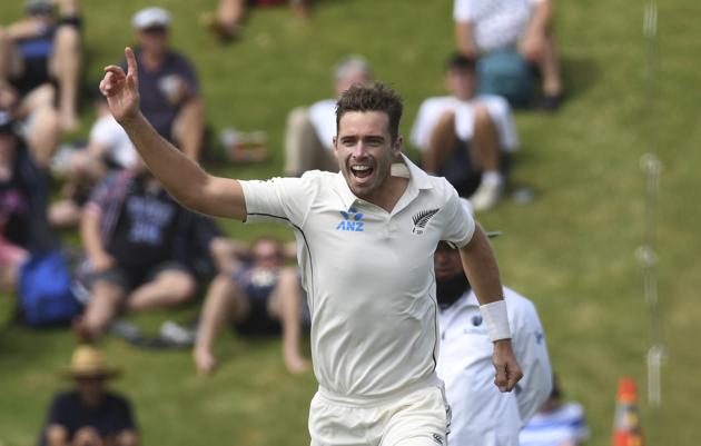 New Zealand's Tim Southee celebrates the dismissal of India's Ajinkya Rahane for 46 during the first cricket test between India and New Zealand at the Basin Reserve. (AP)