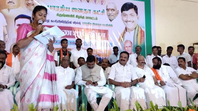 Daughter of slain sandalwood smuggler Veerappan, Vidya Rani, joined the Bharatiya Janata Party (BJP) on Saturday in Tamil Nadu.(ANI PHOTO.)