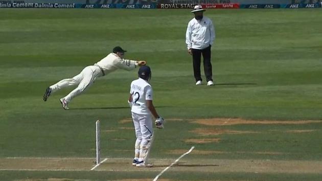 Latham flies to snaffle Shaw’s catch (Screengrab) Latham flies to snaffle Shaw’s catch (Screengrab)