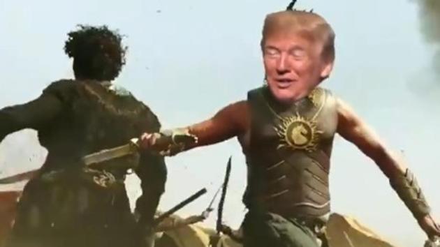 In the clip shared by unverified Twitter account Sol, POTUS’ face was superimposed on that of the protagonist of the movie played by actor Prabhas.(Screengrab from the video)