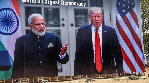 A billboard displaying pictures of PM Narendra Modi (L) and US President Donald Trump (R) near the Sardar Vallabhbhai Patel International Airport in Ahmedabad, ahead of US President Donald Trump's visit in India. (AFP photo) A billboard displaying pictures of PM Narendra Modi (L) and US President Donald Trump (R) near the Sardar Vallabhbhai Patel International Airport in Ahmedabad, ahead of US President Donald Trump's visit in India. (AFP photo)