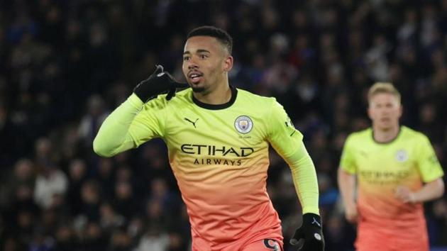 Manchester City's Gabriel Jesus celebrates scoring their first goal.(REUTERS)